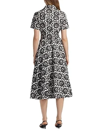 Jean Floral-Embroidered Cotton Belted Midi-Shirtdress