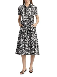 Jean Floral-Embroidered Cotton Belted Midi-Shirtdress