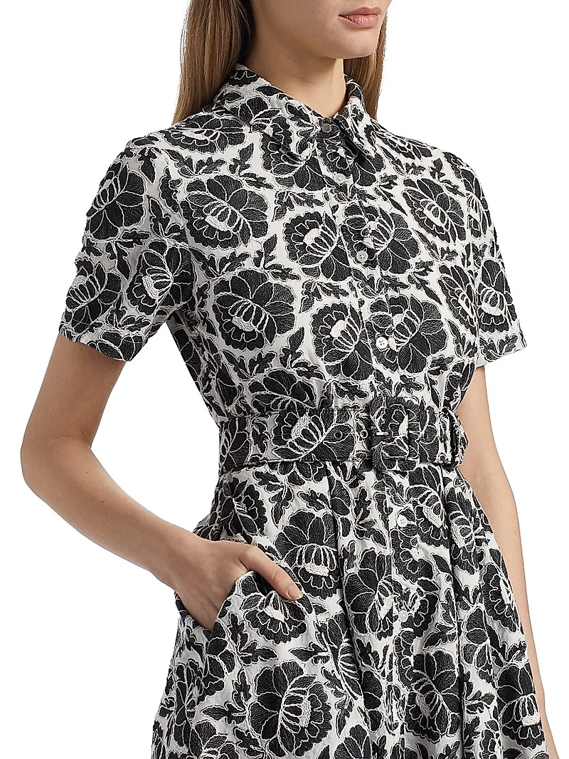 Jean Floral-Embroidered Cotton Belted Midi-Shirtdress