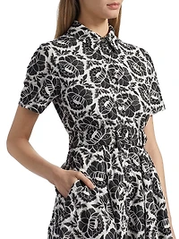Jean Floral-Embroidered Cotton Belted Midi-Shirtdress
