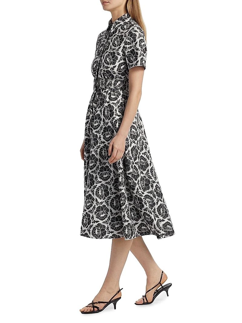 Jean Floral-Embroidered Cotton Belted Midi-Shirtdress