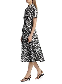 Jean Floral-Embroidered Cotton Belted Midi-Shirtdress