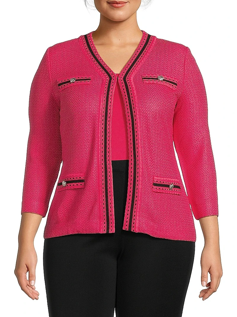 Plus Contrast Knit V-Neck Jacket