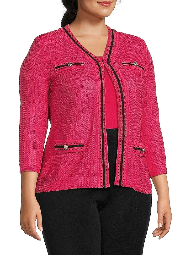 Plus Contrast Knit V-Neck Jacket