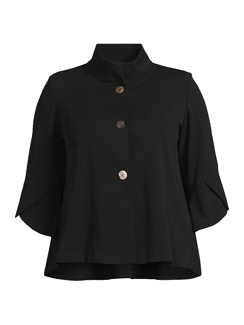 Plus Button-Front Bell Sleeve Deco Crepe Jacket