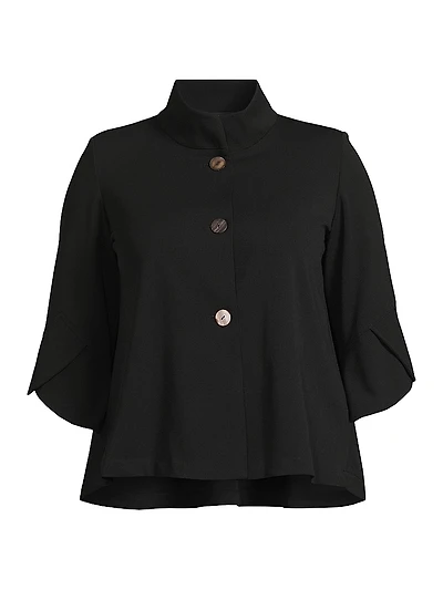 Plus Button-Front Bell Sleeve Deco Crepe Jacket