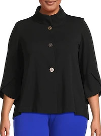 Plus Button-Front Bell Sleeve Deco Crepe Jacket