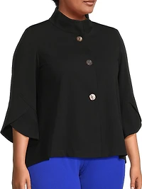 Plus Button-Front Bell Sleeve Deco Crepe Jacket