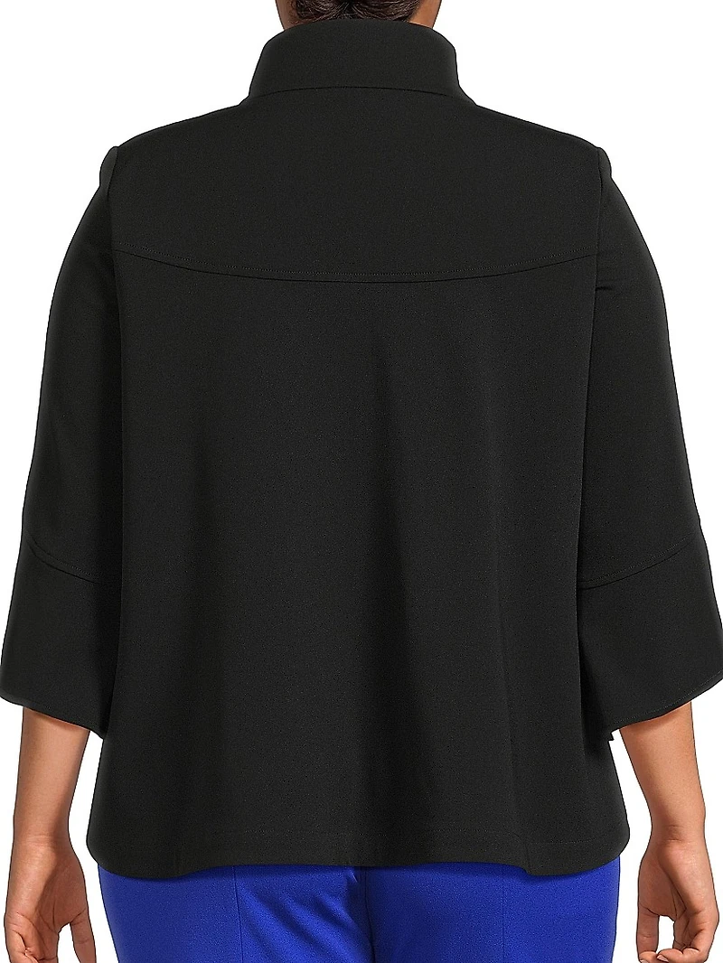 Plus Button-Front Bell Sleeve Deco Crepe Jacket