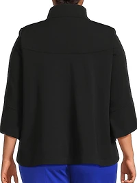 Plus Button-Front Bell Sleeve Deco Crepe Jacket