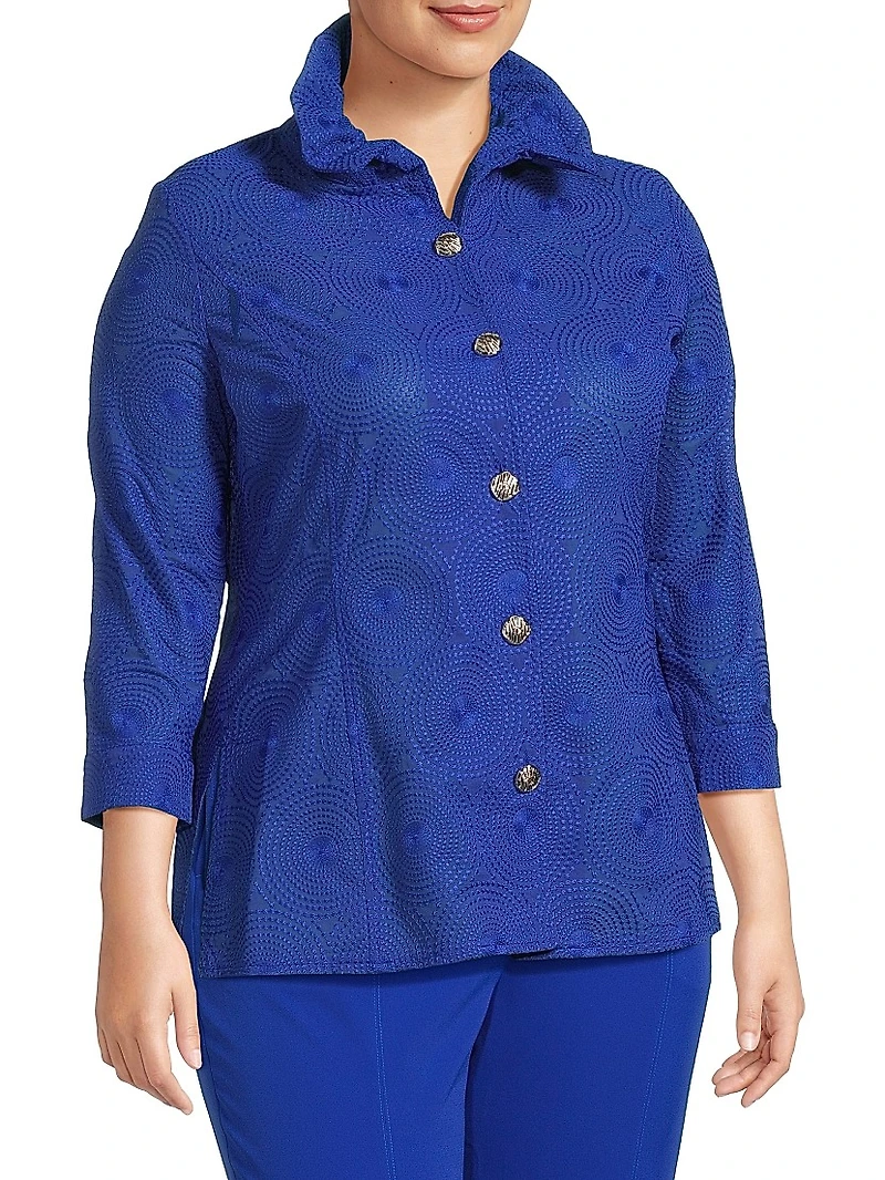 Plus Embroidered Medallion Stand-Collar Jacket