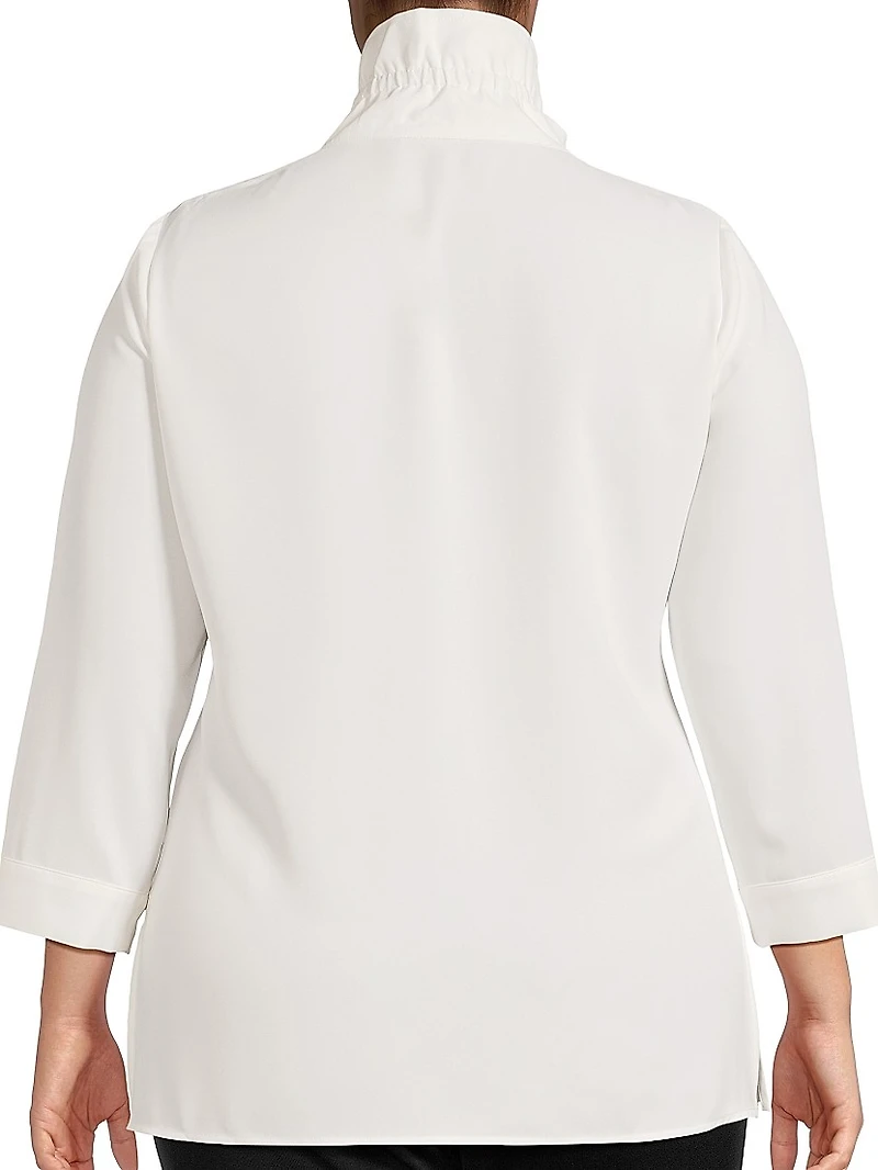 Plus Ruffle-Trimmed Button-Up Crepe De Chine Blouse