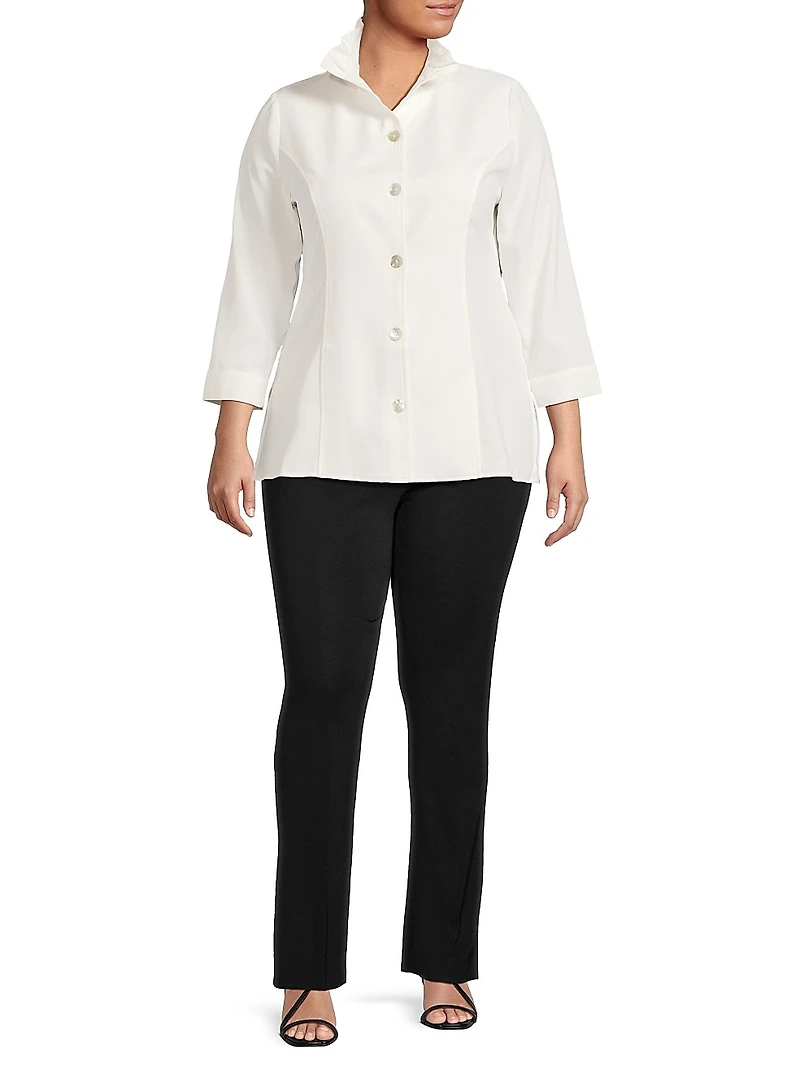 Plus Ruffle-Trimmed Button-Up Crepe De Chine Blouse