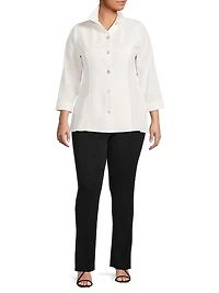 Plus Ruffle-Trimmed Button-Up Crepe De Chine Blouse