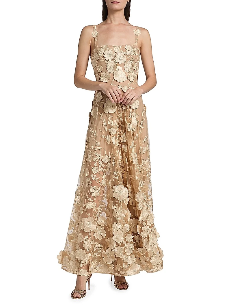 Jasmine Gold Floral Appliqué A-Line Gown