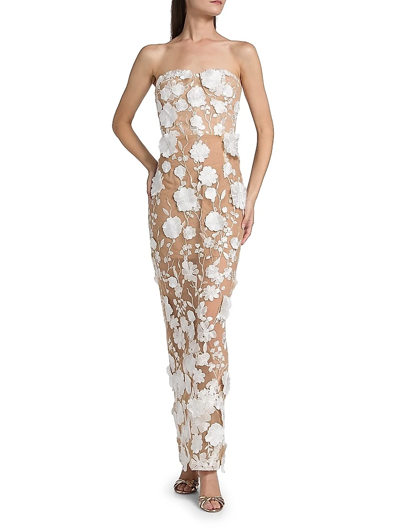 Jasmine Blanc Floral Appliqué Column Gown