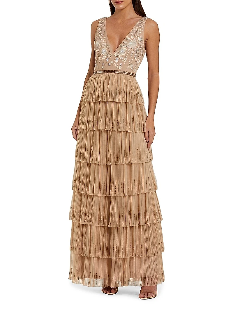 Embellished Tulle Tiered V-Neck Gown