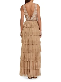 Embellished Tulle Tiered V-Neck Gown