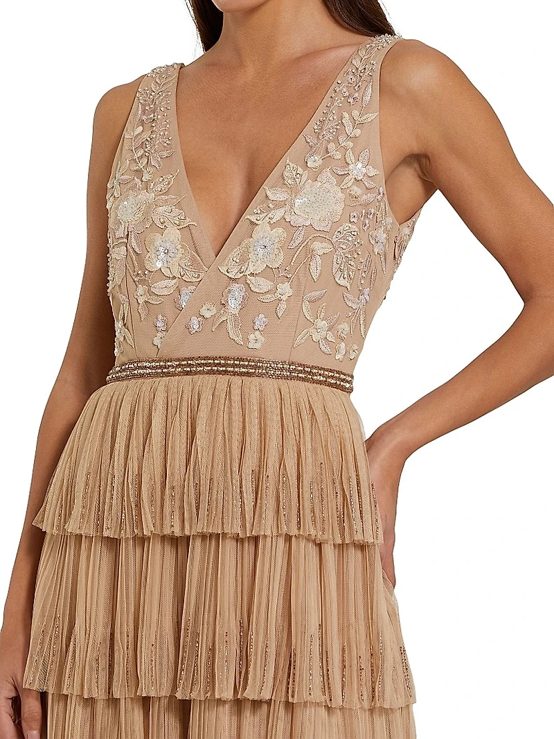 Embellished Tulle Tiered V-Neck Gown