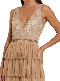 Embellished Tulle Tiered V-Neck Gown