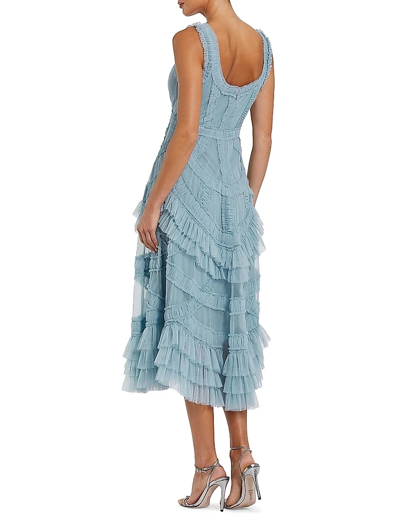 Mesh Ruffled Scoopneck Midi-Dress