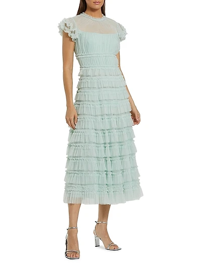 Mesh Ruffled Midi-Dress