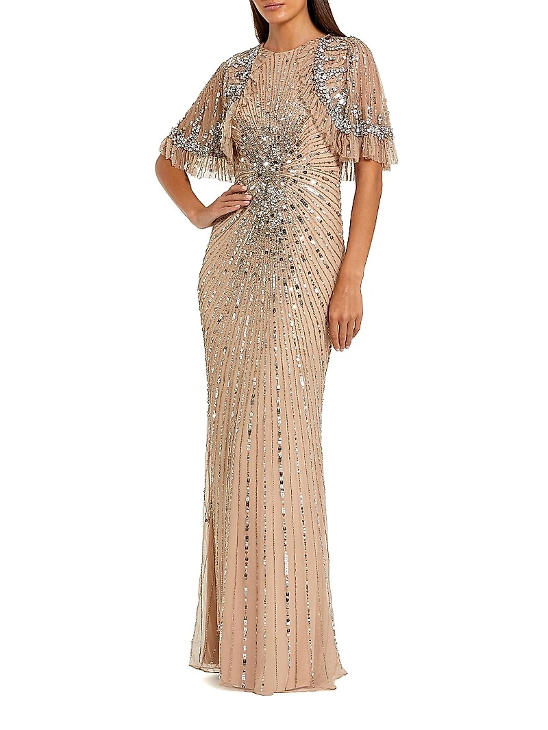 Embellished Tulle Capelet Gown