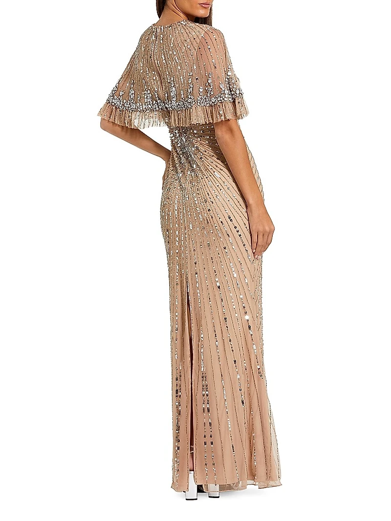 Embellished Tulle Capelet Gown
