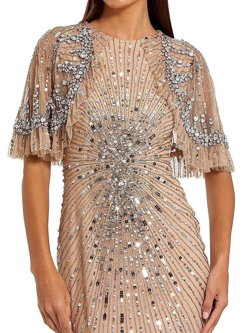 Embellished Tulle Capelet Gown