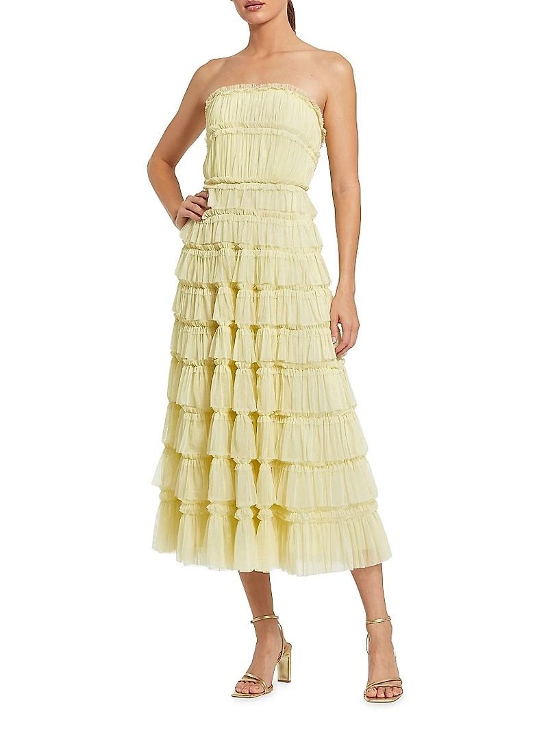 Mesh Ruffled Strapless Midi-Dress
