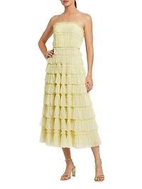 Mesh Ruffled Strapless Midi-Dress
