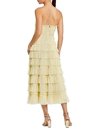 Mesh Ruffled Strapless Midi-Dress