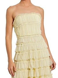 Mesh Ruffled Strapless Midi-Dress