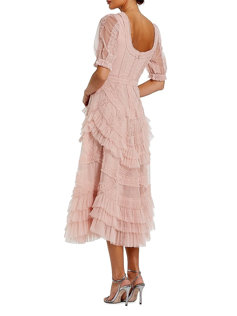 Mesh Ruffled Scoopneck Midi-Dress