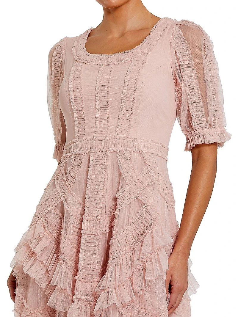 Mesh Ruffled Scoopneck Midi-Dress