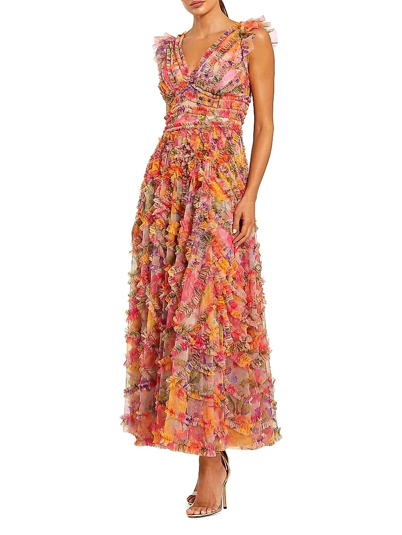 Floral Mesh Ruffled V-Neck Maxi Dress