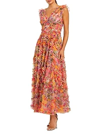 Floral Mesh Ruffled V-Neck Maxi Dress