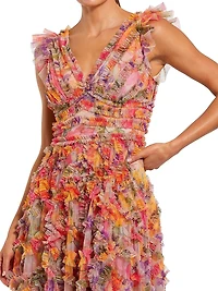 Floral Mesh Ruffled V-Neck Maxi Dress