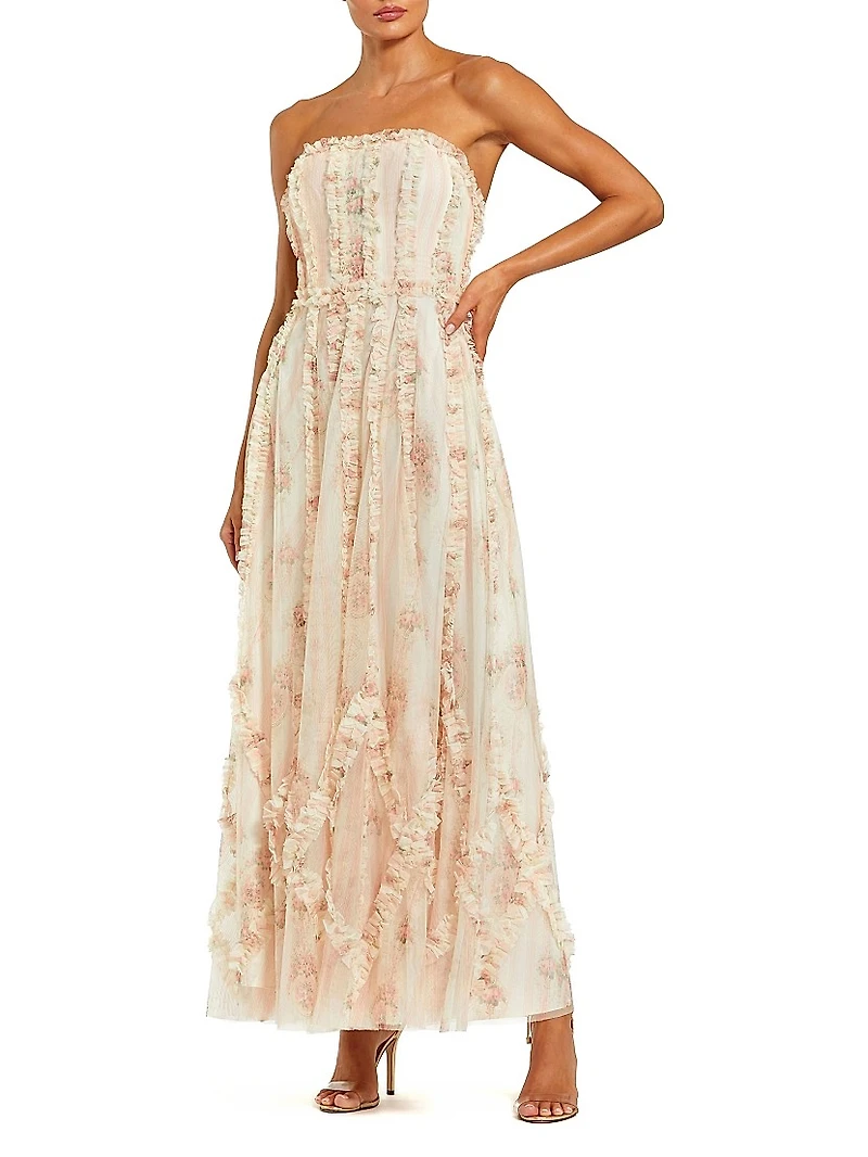Floral Mesh Ruffled Strapless Gown
