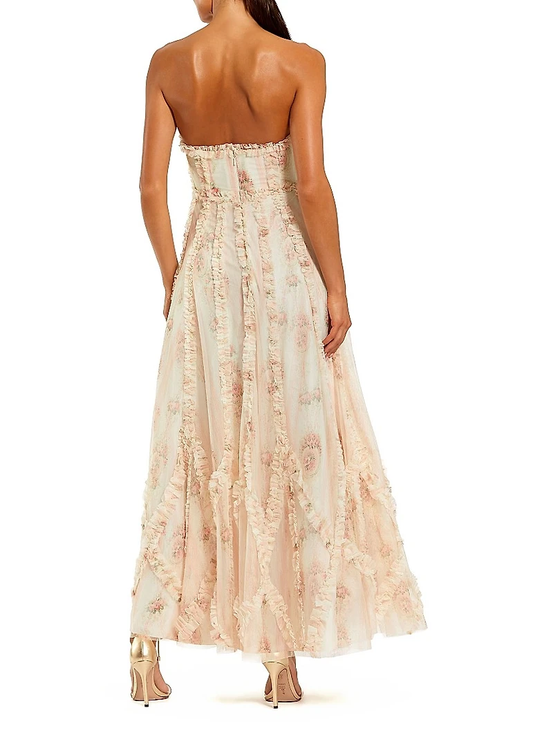 Floral Mesh Ruffled Strapless Gown