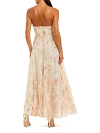 Floral Mesh Ruffled Strapless Gown