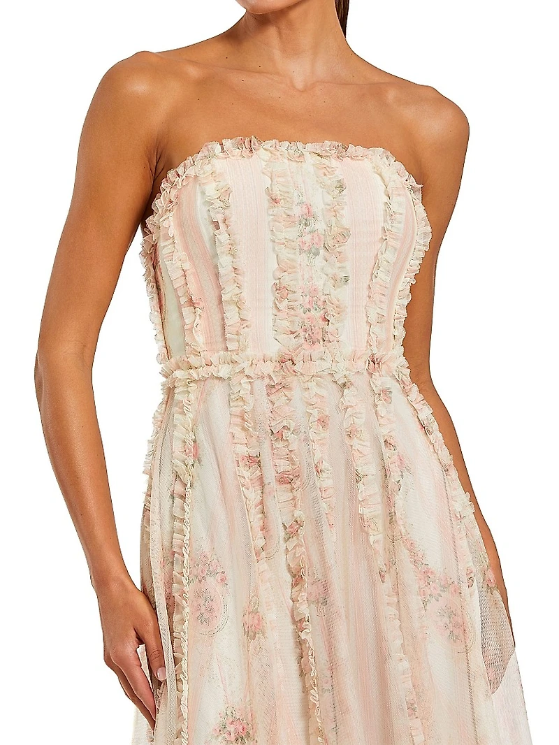 Floral Mesh Ruffled Strapless Gown