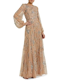 Embellished Mesh Balloon-Sleeve Gown