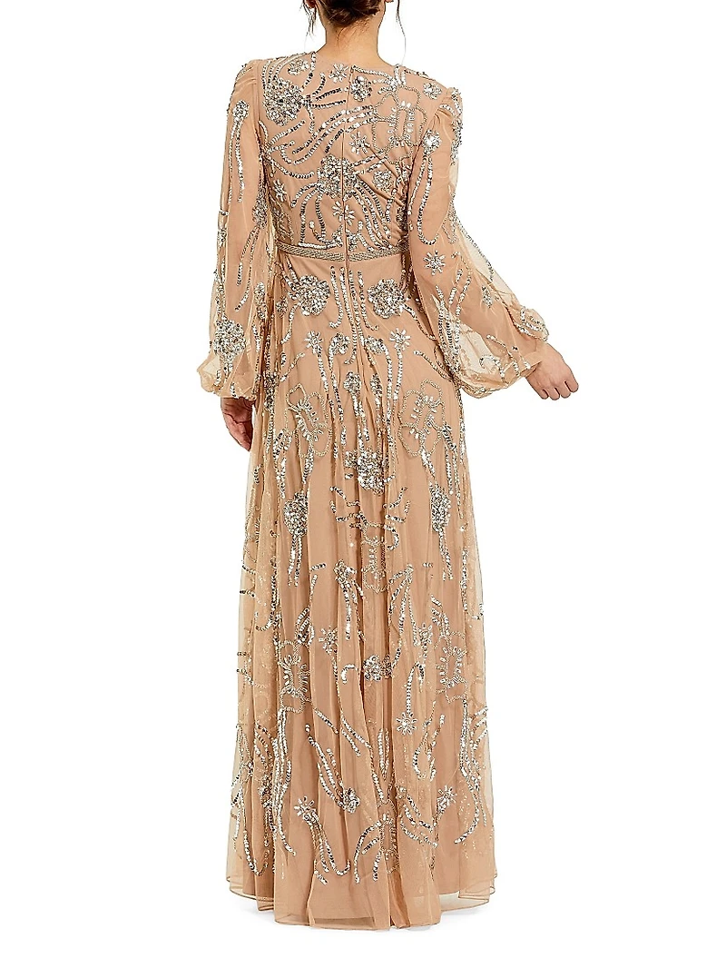 Embellished Mesh Balloon-Sleeve Gown
