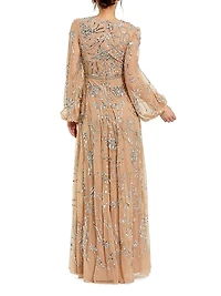 Embellished Mesh Balloon-Sleeve Gown