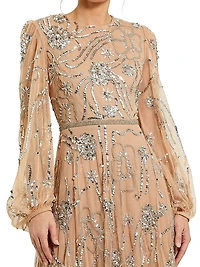 Embellished Mesh Balloon-Sleeve Gown