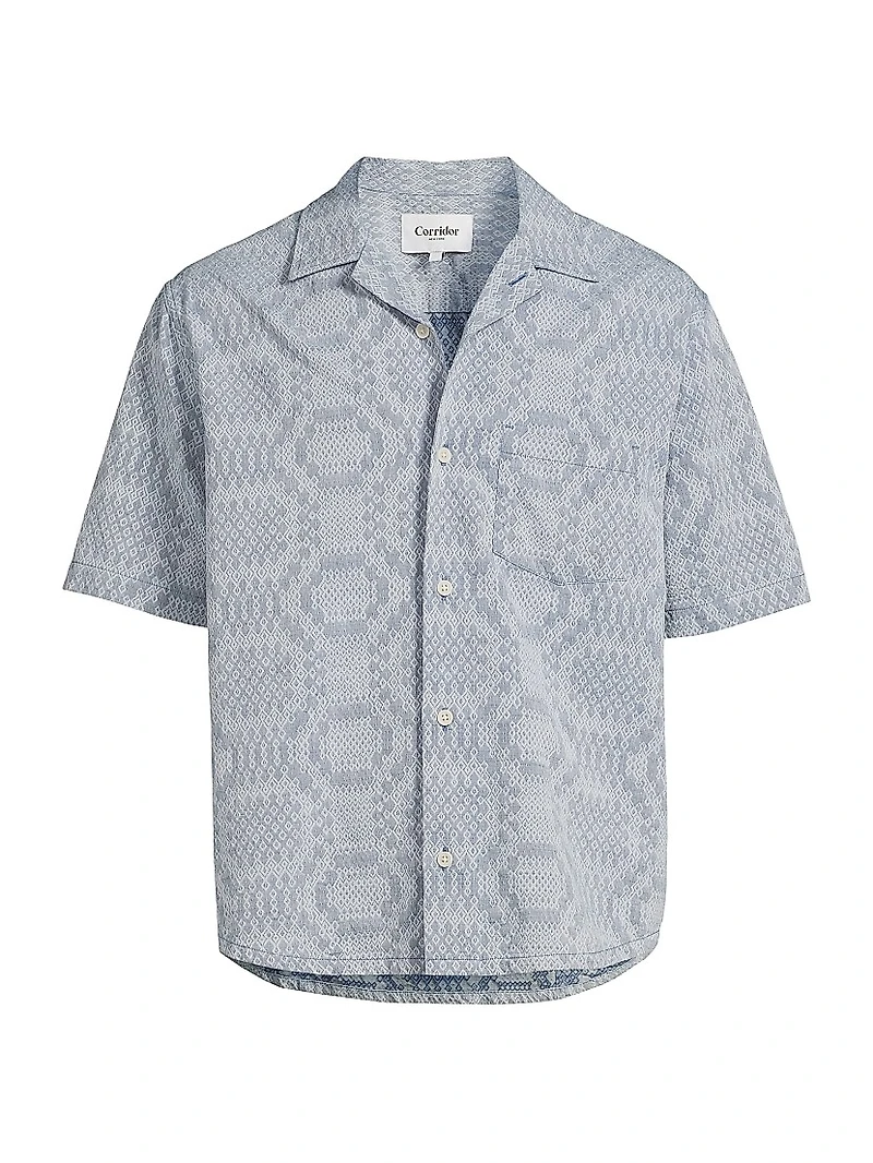 Indigo-Dyed Diamond Jacquard Button-Front Shirt