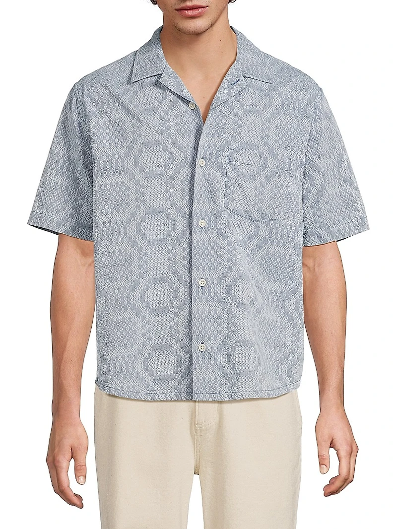 Indigo-Dyed Diamond Jacquard Button-Front Shirt