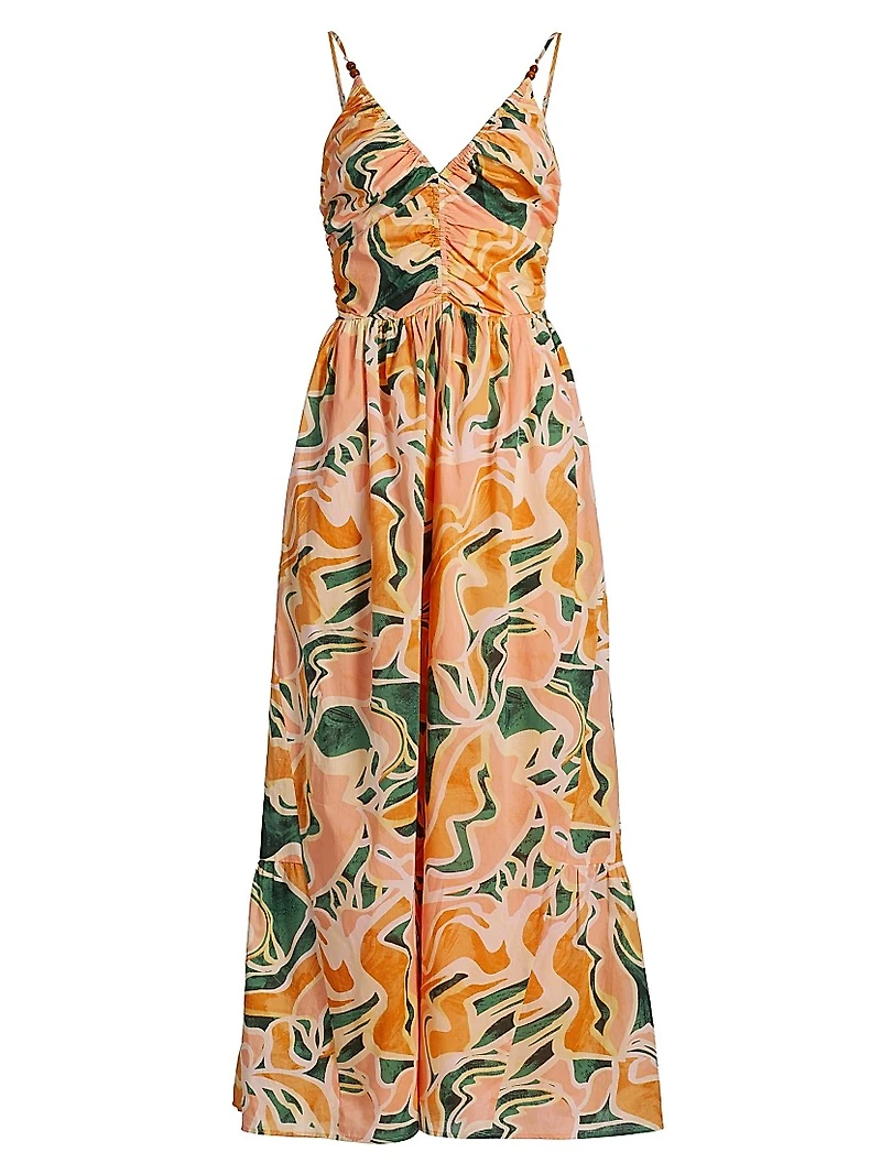 Palm Abstract Print Cotton Midi-Dress