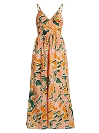 Palm Abstract Print Cotton Midi-Dress